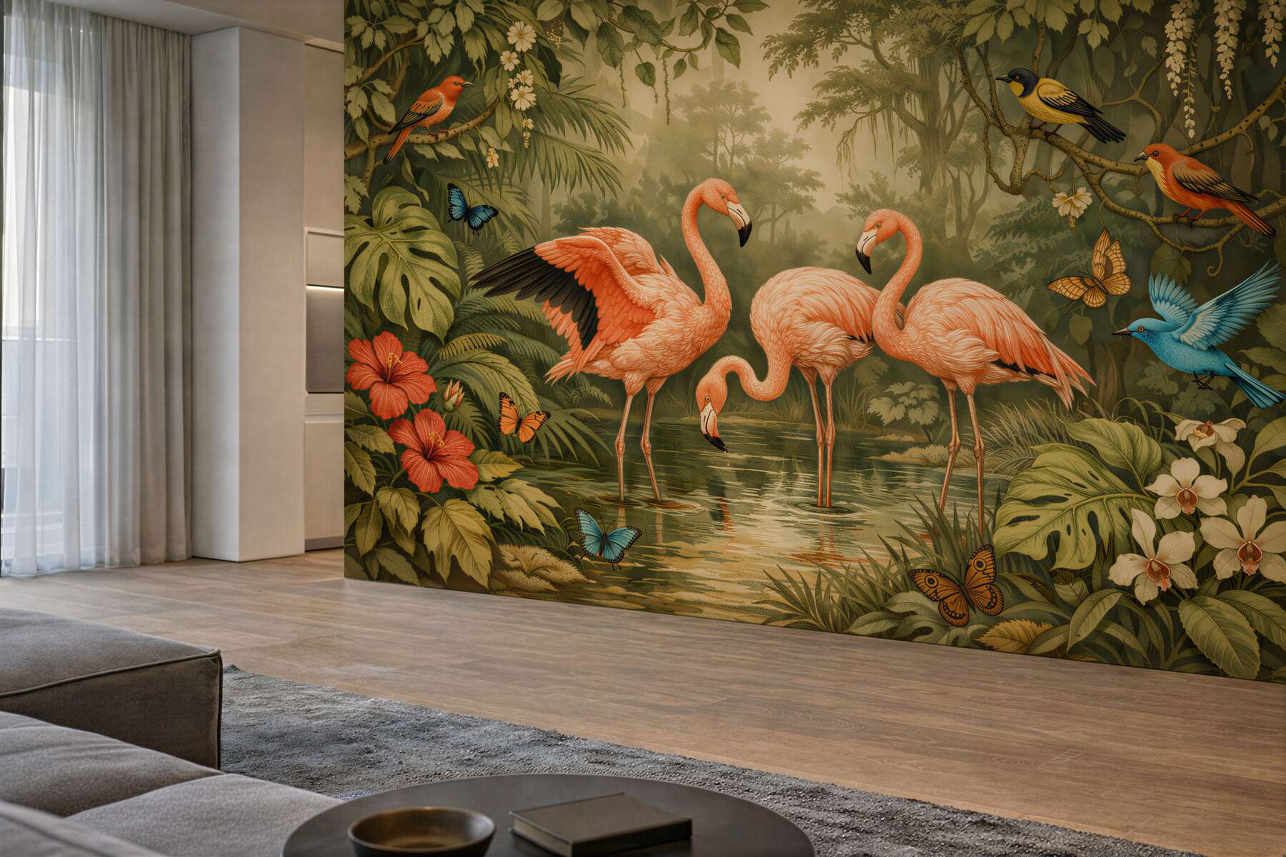 Fototapet Flamingi în jungla exotică