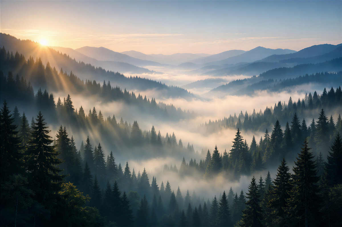 Fototapet Dimineață în pădurea montană cu ceață
