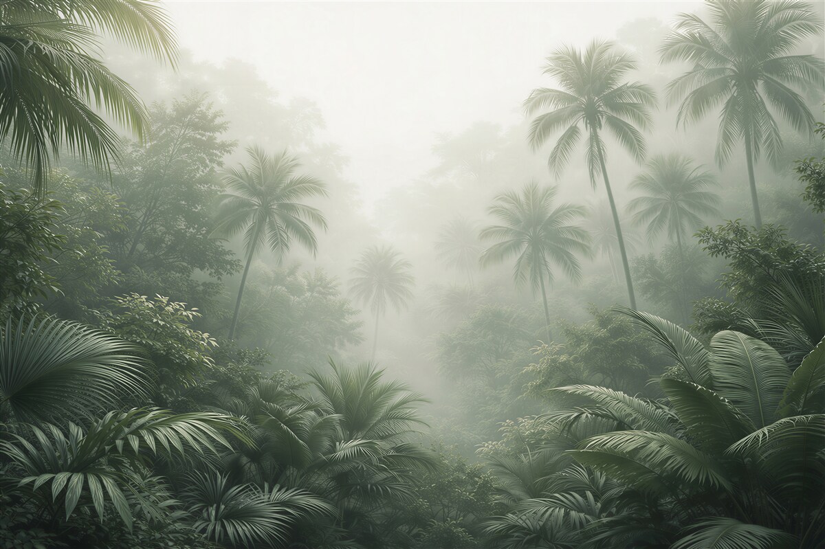 Fototapet Junglă tropicală cețoasă cu palmieri