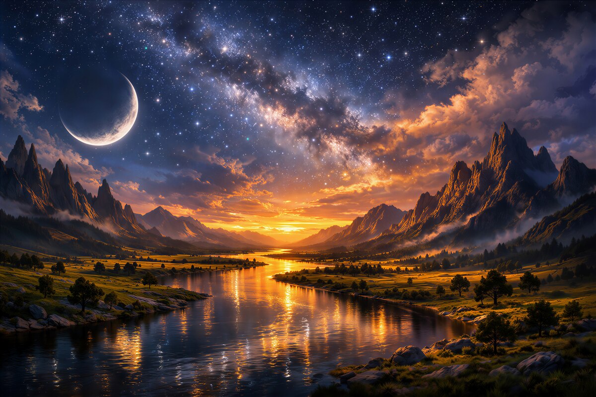 Fototapet Apus cosmic peste o vale montană