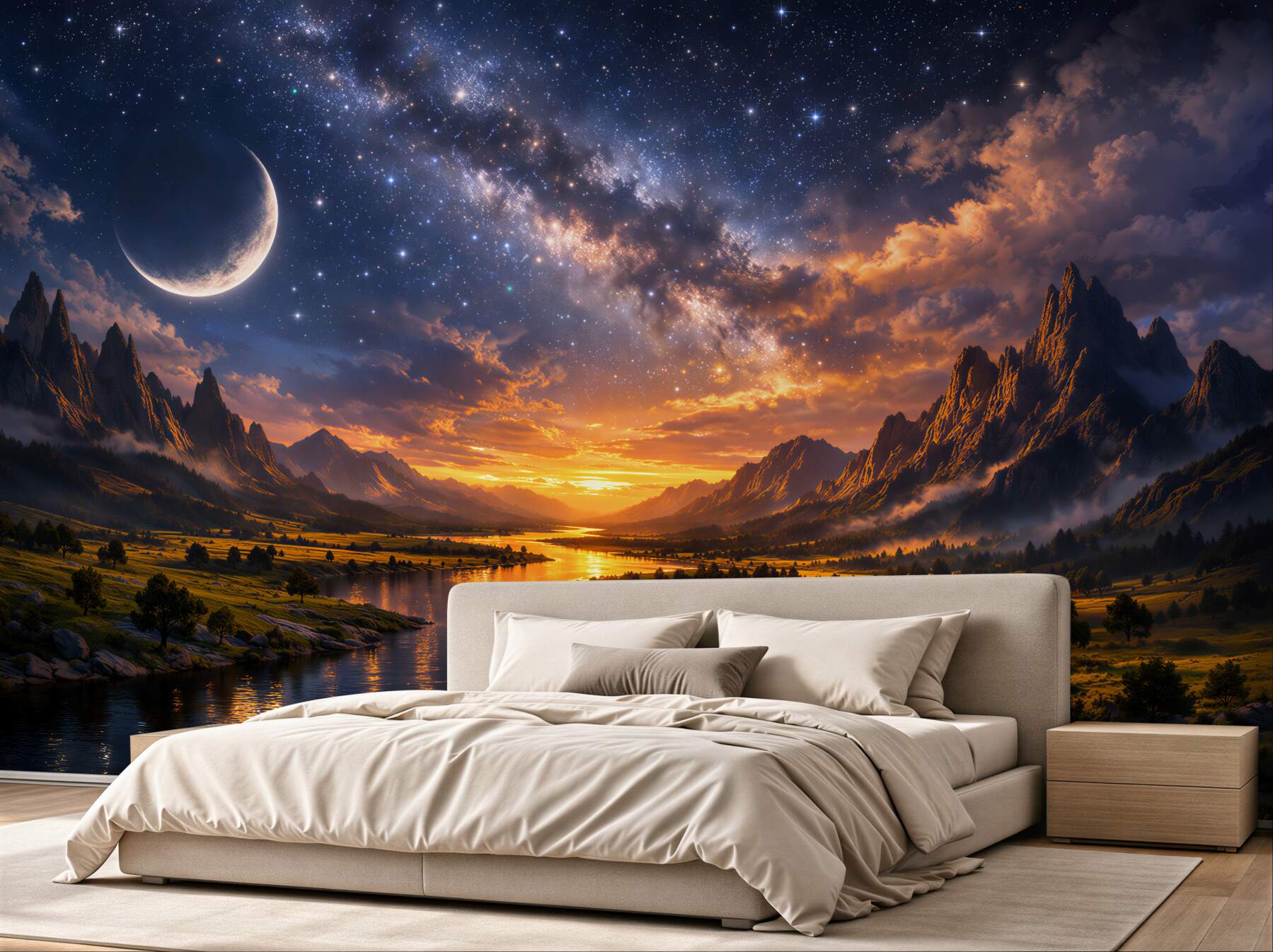Fototapet Apus cosmic peste o vale montană