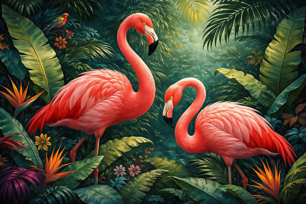 Fototapet Flamingi roz în jungla tropicală