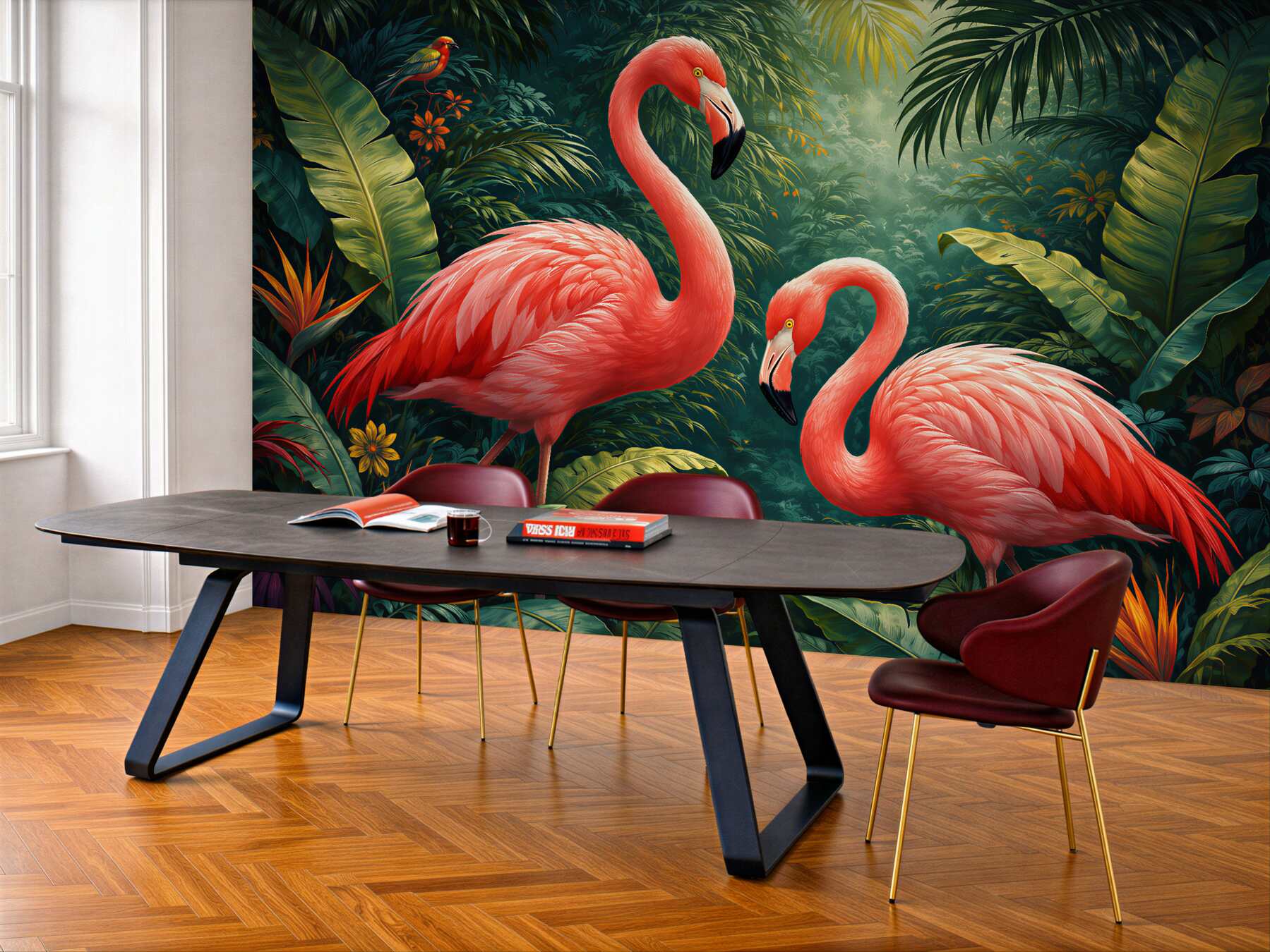 Fototapet Flamingi roz în jungla tropicală