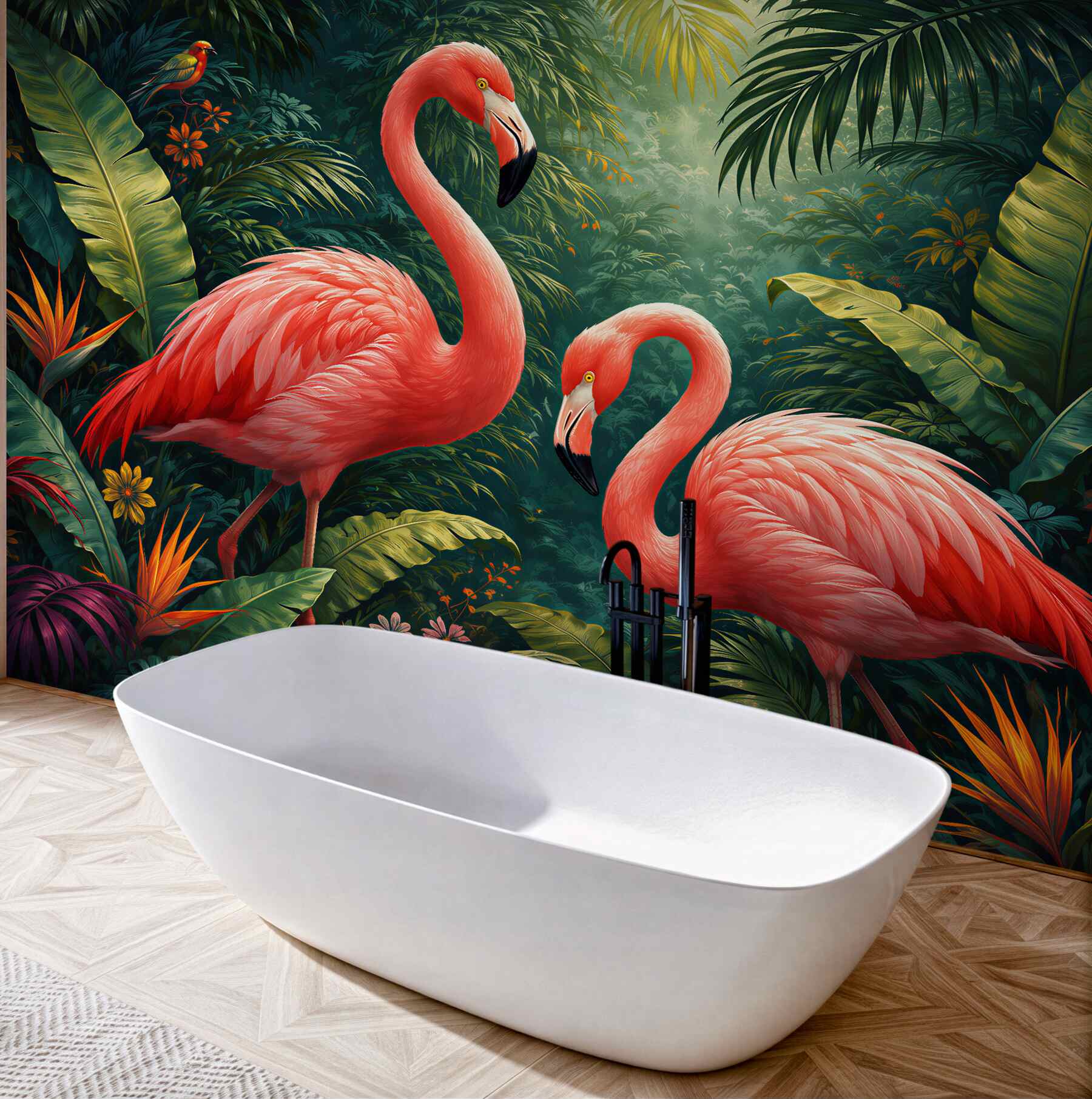 Fototapet Flamingi roz în jungla tropicală