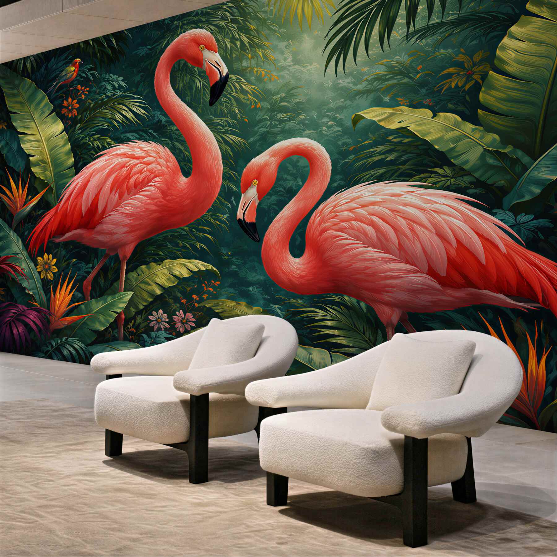 Fototapet Flamingi roz în jungla tropicală