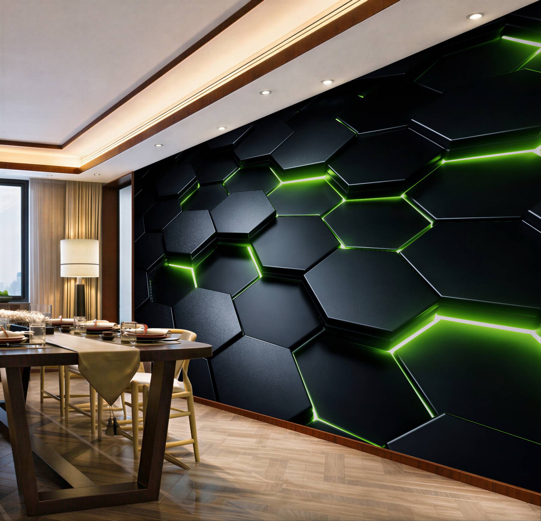 Fototapet Hexagoane verzi neon 3D