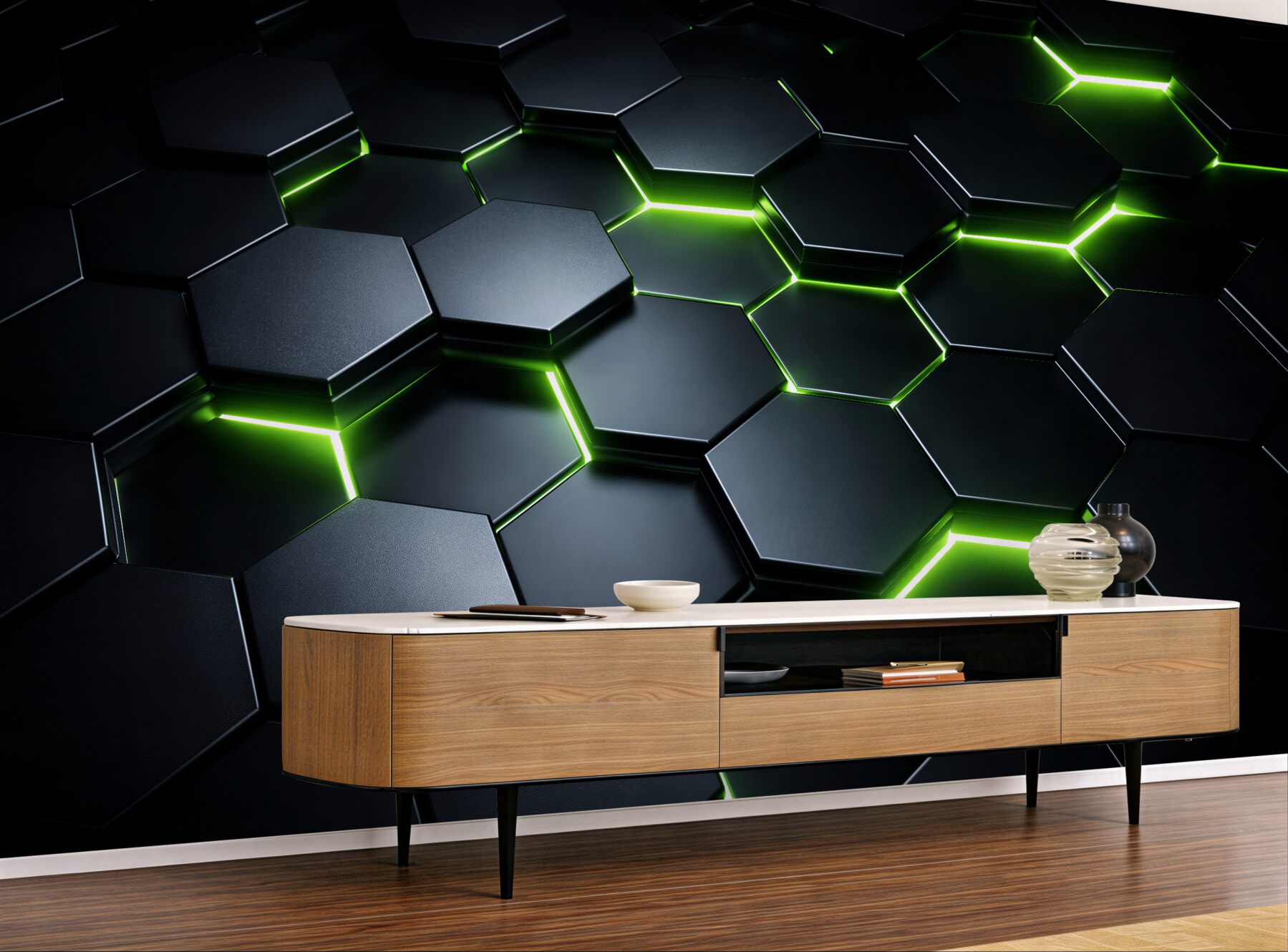 Fototapet Hexagoane verzi neon 3D