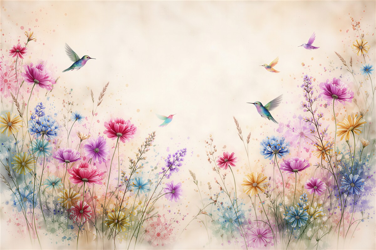 Fototapet Pajiște în acuarelă cu colibri