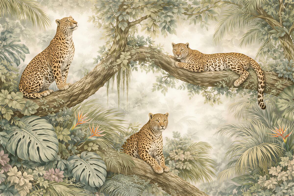 Fototapet Leoparzi pe ramuri tropicale
