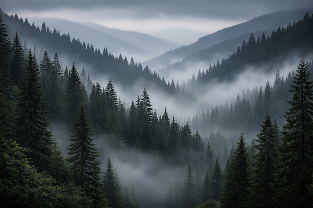 Fototapet Pădure montană învăluită în ceață